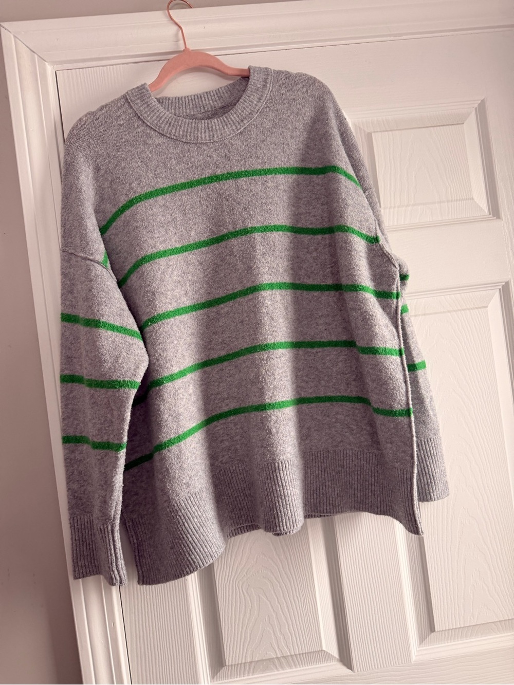 aerie Gray Crewneck Sweater with Green Stripes